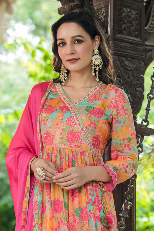 Pink and Orange beautiful Floral Angrakha kurta set