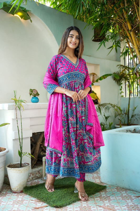 Hot Pink Block printed Alia cut kurta set