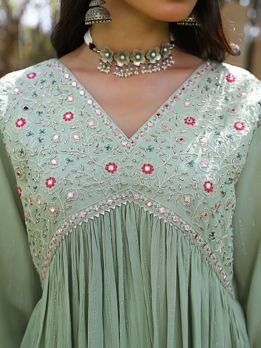 Paisley Green Alia cut suit with handwork and Embroidery