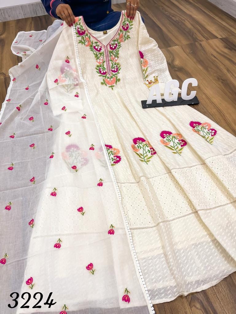 Off white and pink premium cotton anarkali kurta set