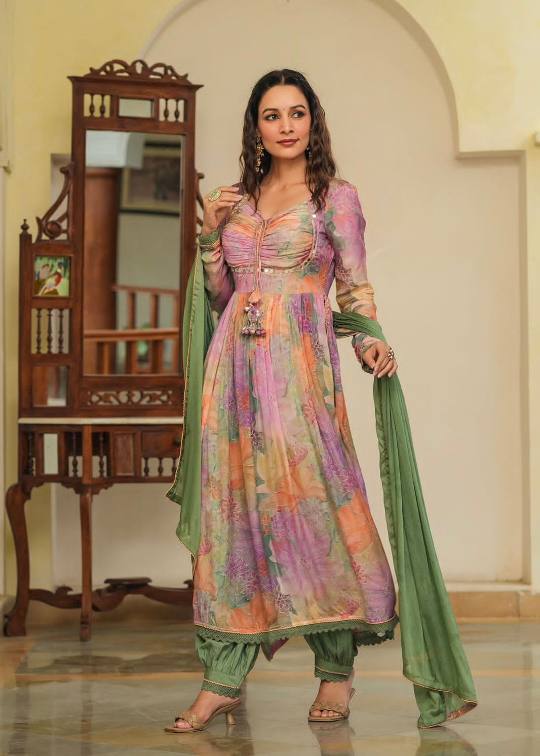 Purple and green elegant mirror yoke Alia cut suit