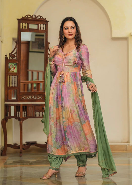 Purple and green elegant mirror yoke Alia cut suit