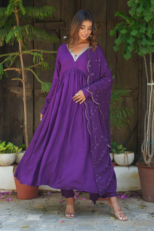 Purple designer alia cut suit