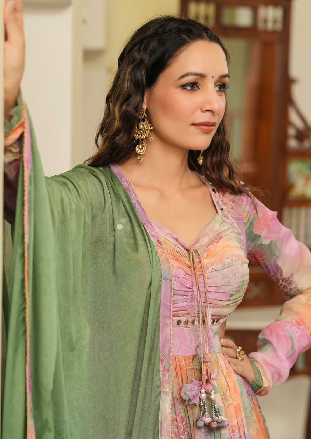 Purple and green elegant mirror yoke Alia cut suit