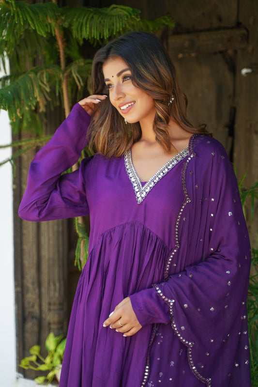 Purple designer alia cut suit