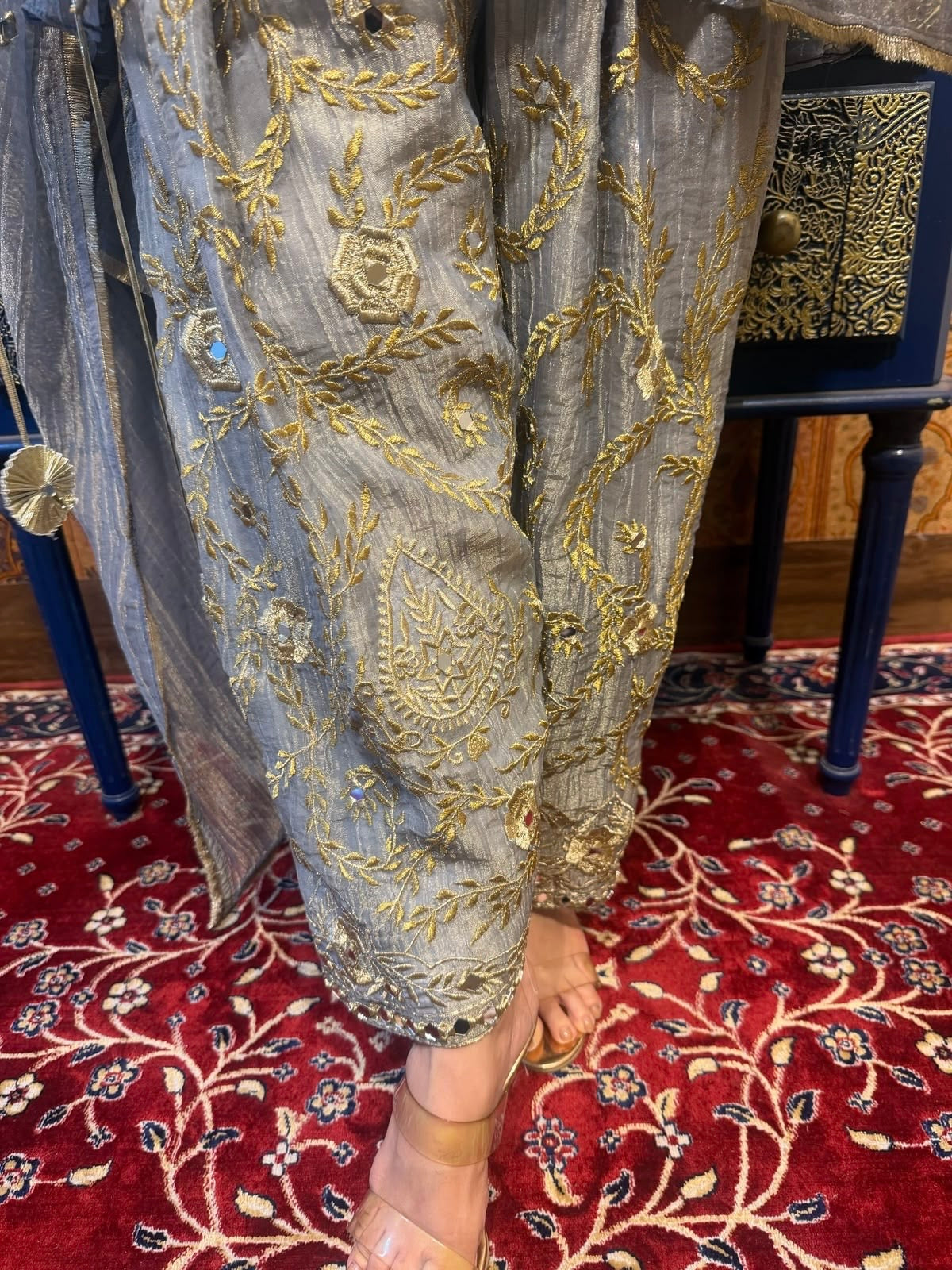 Blueish Grey Farshi salwar suit with heavy mirror and gota work