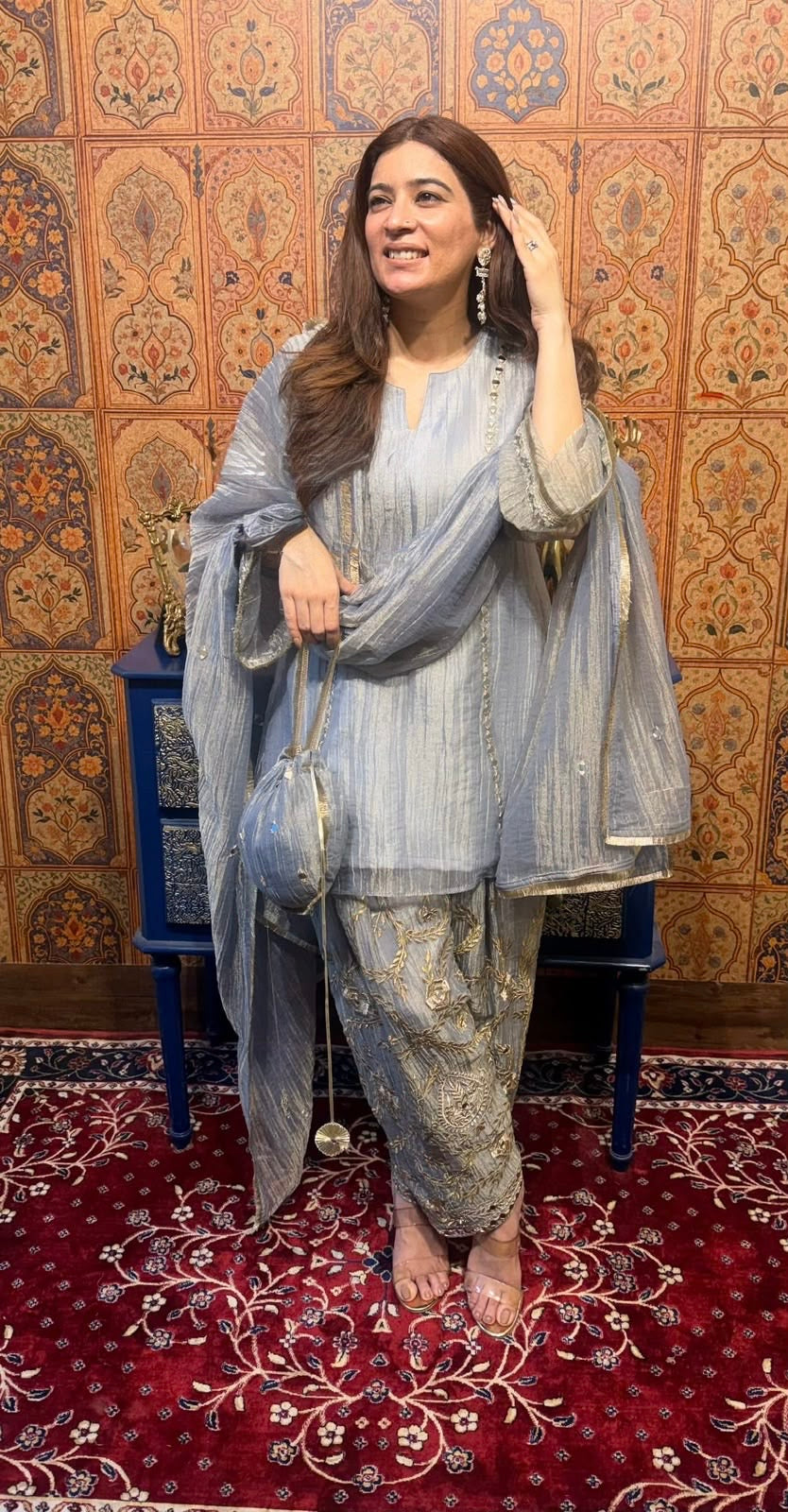 Blueish Grey Farshi salwar suit with heavy mirror and gota work
