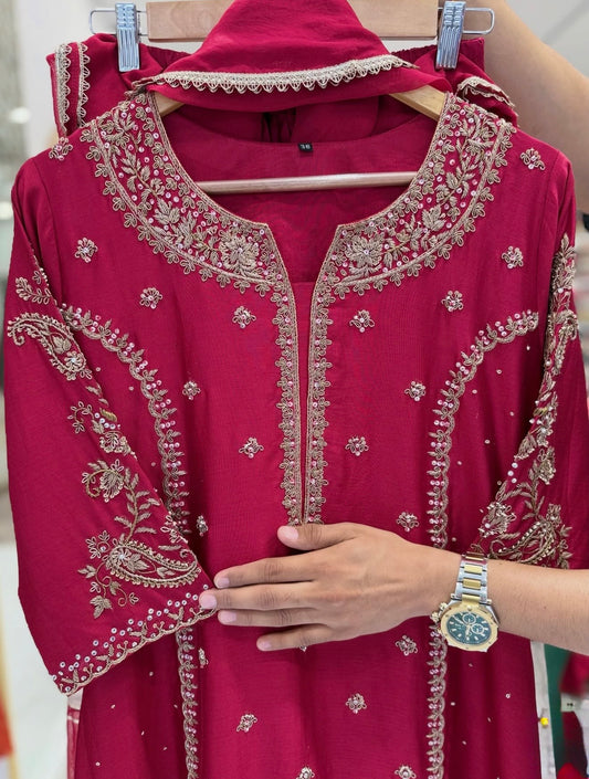 Red heavy jardoshi handwok anarkali kurta set
