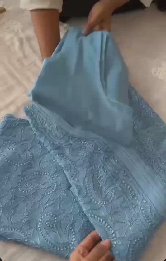 Ice blue pure viscose premium chikankari kurti with lining