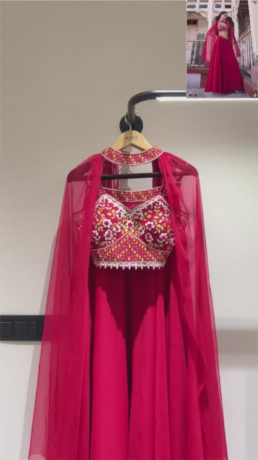 Red crop top with high neck shrug indo western
