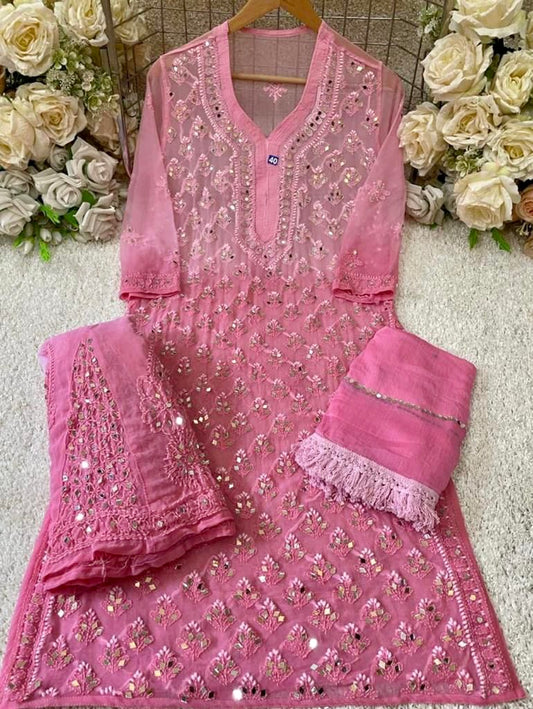 Pink Lucknowi Full jaal mirror work Kurta set