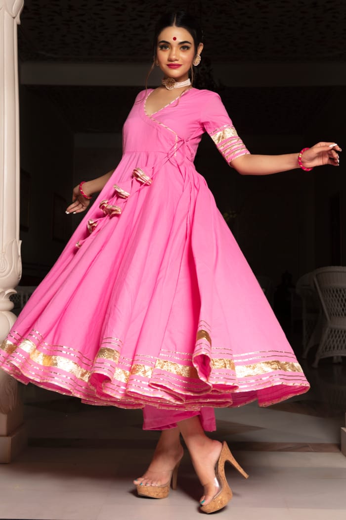 Elegnat Pink Angrakha Anarkali Kurta Set