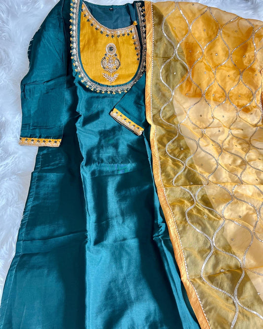 Teal and Yellow Handwork Yoke festive Kurta set