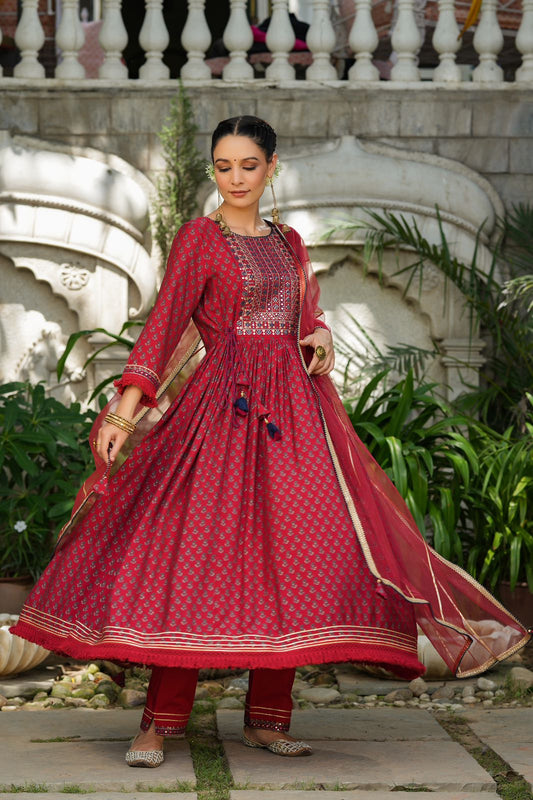 Red Premium Quality Mirror work Anarkali Suit