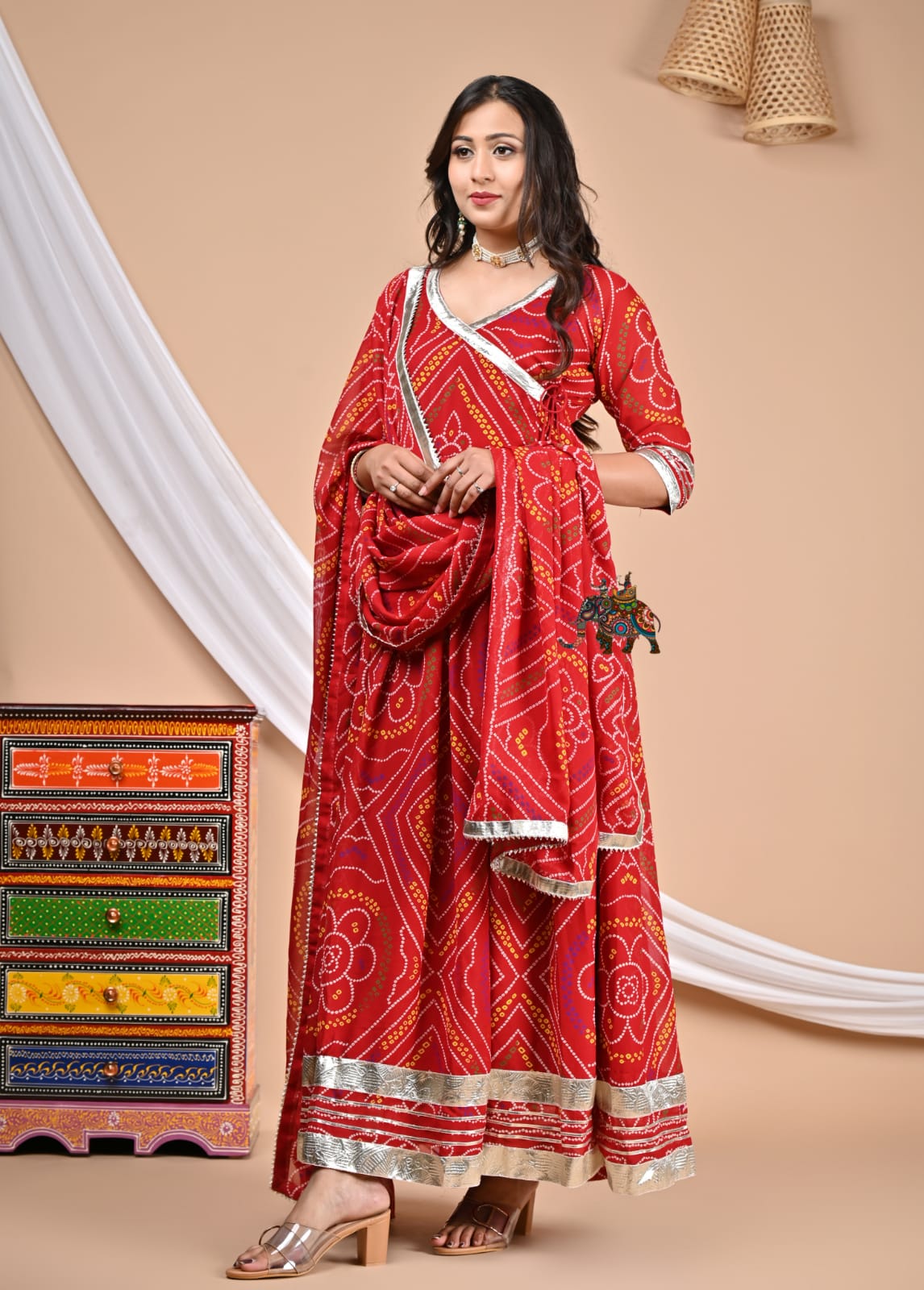 Red Bandhni Georgette Anarkali Kurta Set with Gota Work