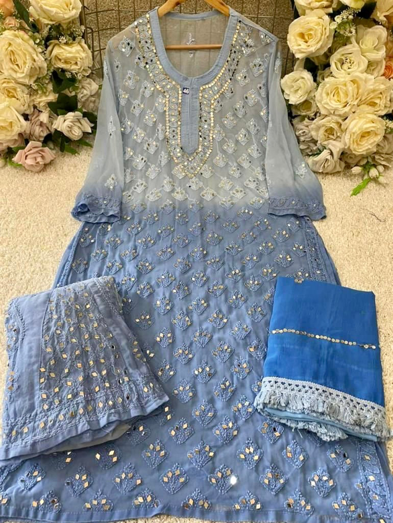 Blue Lucknowi Full Jaal Mirror work Kurta Set