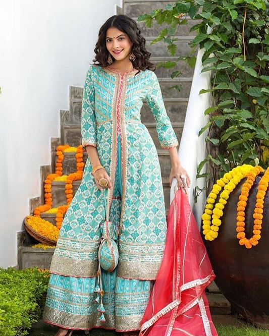 Indi Lux Aqua blue Sharara set with Complimentary Potli