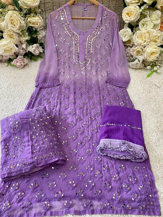Purple Lucknowi Full jaal mirror work Kurta set