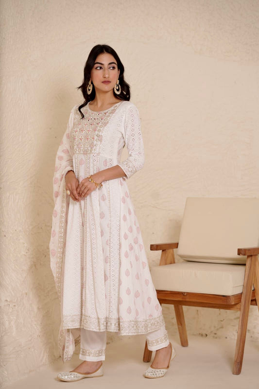 White Premium Quality Mirror work Anarkali Kurta Set