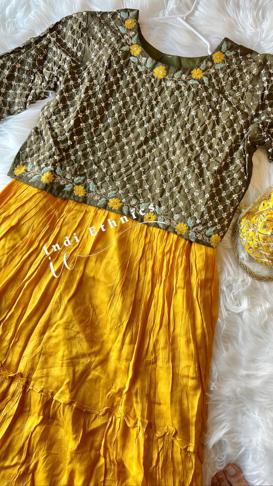 Yellow & Green Beautiful Heavy Handwork floor length gown with jacket