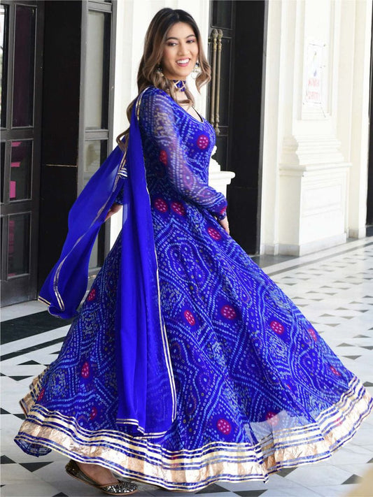 Royal Blue Bandhni Printed Heavy flared Anarkali Kurta set