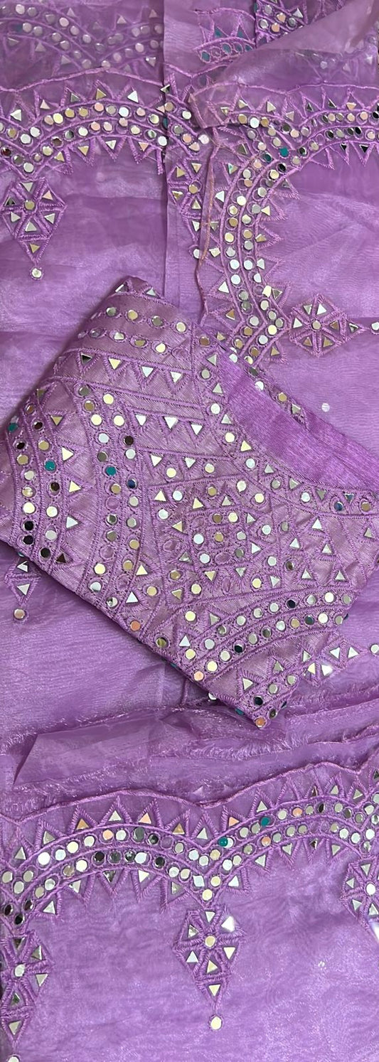 Indi Lux Lavender Organza heavy mirror work saree with unstitched blouse