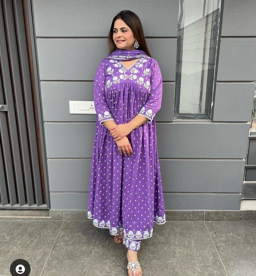 Purple mulmul Alia Cut kurta set with heavy embroidery