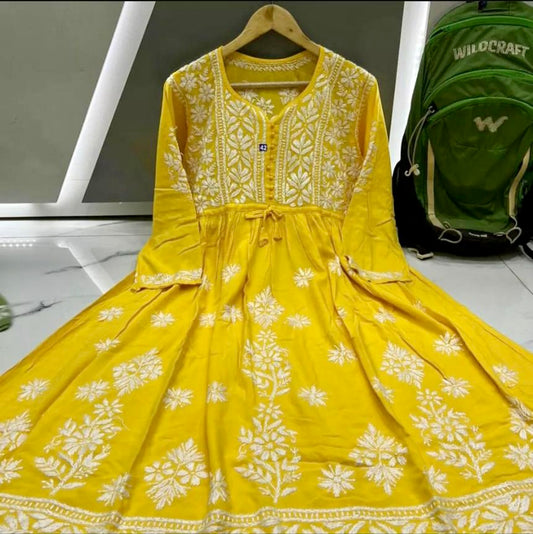 Yellow Lucknowi Elegant Flared Kurta