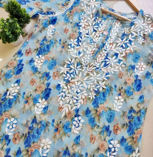 Blue Beautiful Floral Lucknowi Kota Kurti with lining