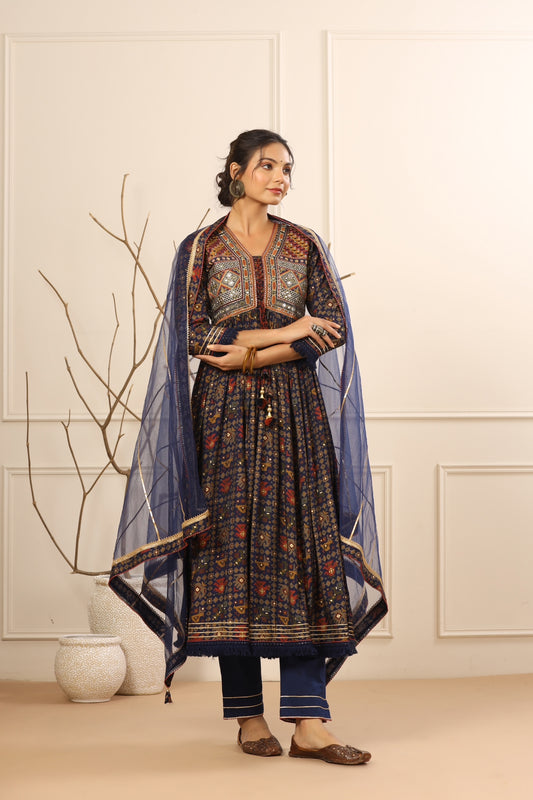 Navy Blue Floral Heavy Embroidery and mirror work Anarkali Kurta Set