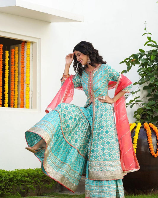 Indi Lux Aqua blue Sharara set with Complimentary Potli