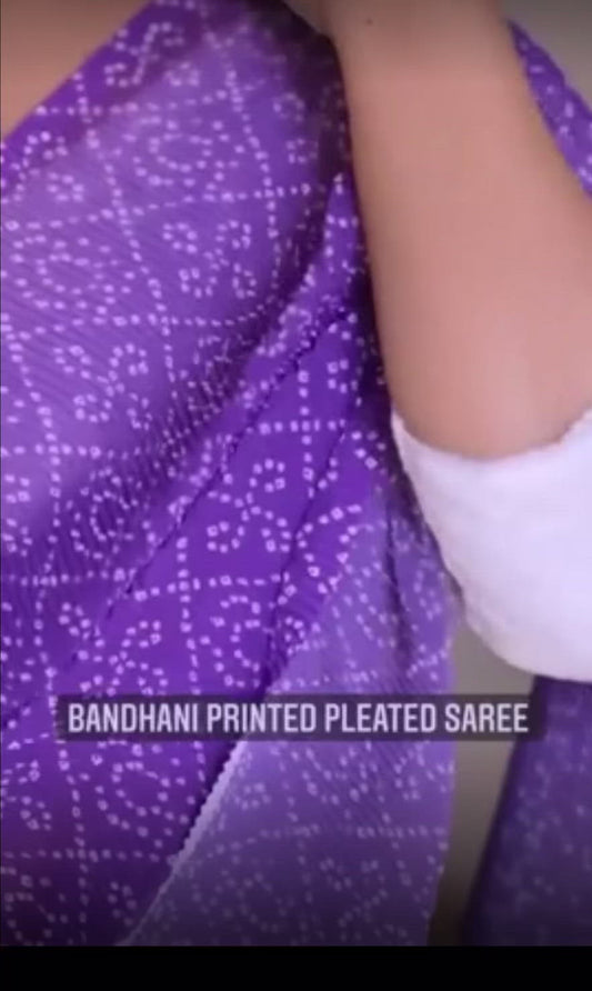 Purple Bandhni print crushed Saree with unstitched blouse