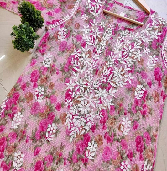 Pink Beautiful Floral Lucknowi Kota Kurti with lining ok