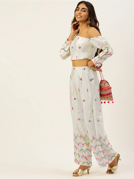 White Multicolor Mirror work Co-ord set