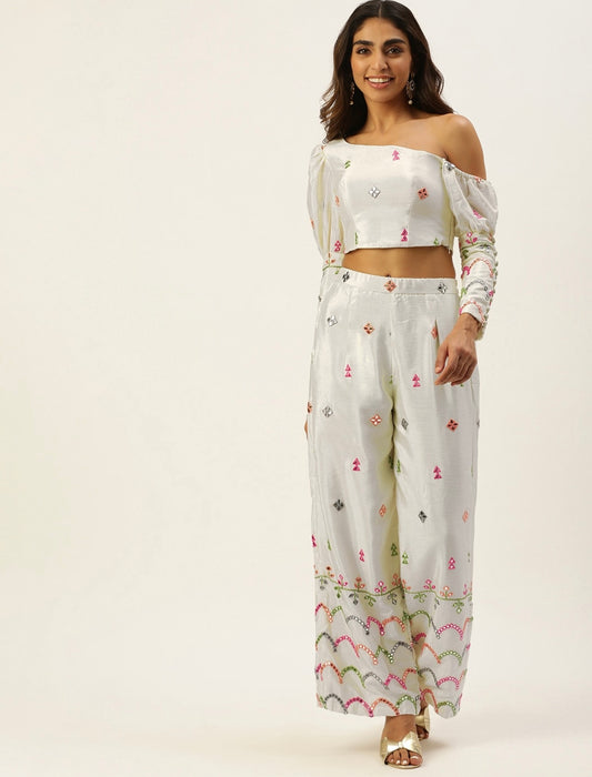 White Multicolor Mirror work Co-ord set