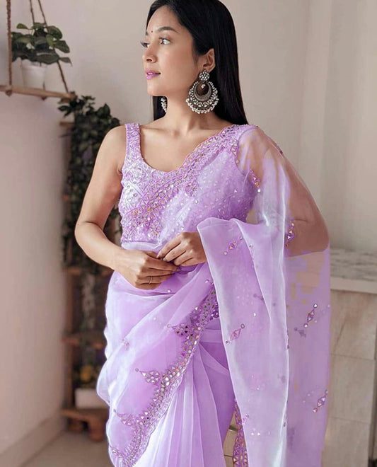 Indi Lux Lavender Organza heavy mirror work saree with unstitched blouse