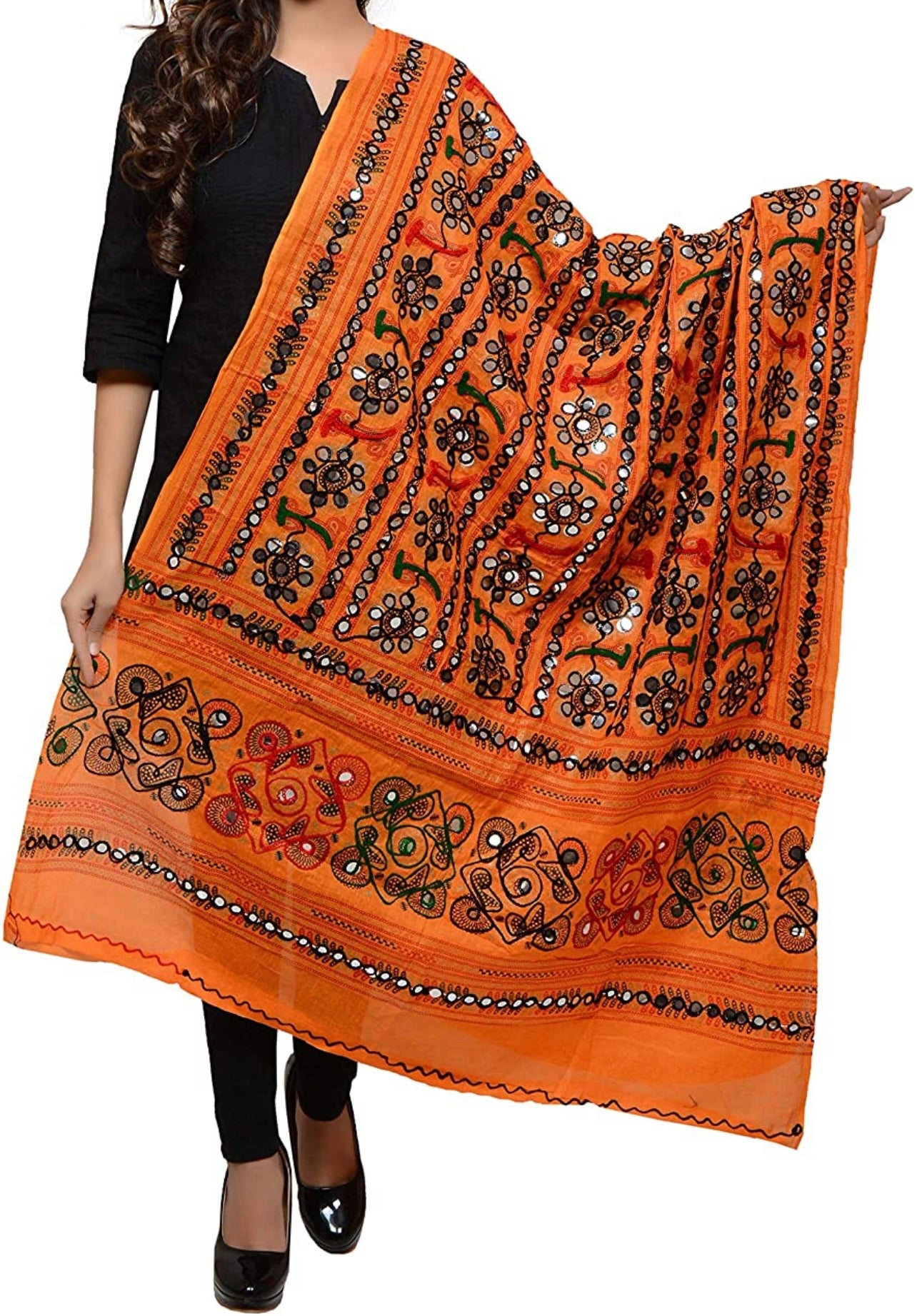 Orange Handcrafted Heavy Kutchi Ari & Mirror work Embroidered dupatta