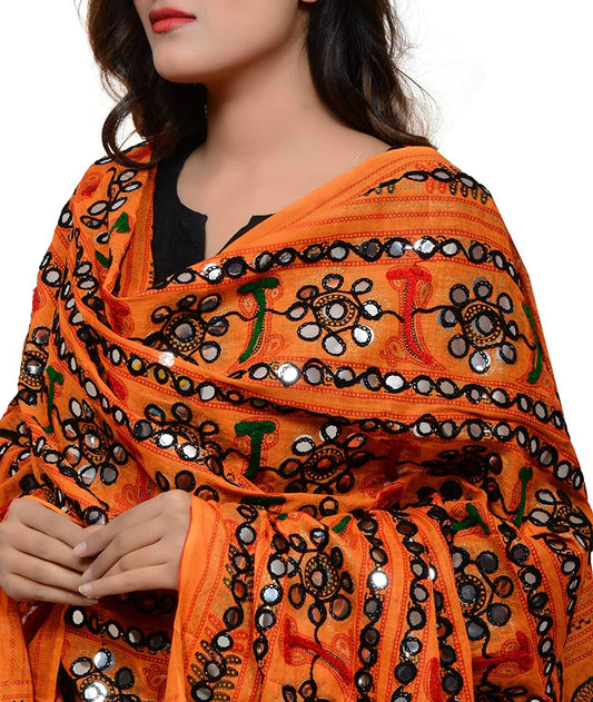 Orange Handcrafted Heavy Kutchi Ari & Mirror work Embroidered dupatta