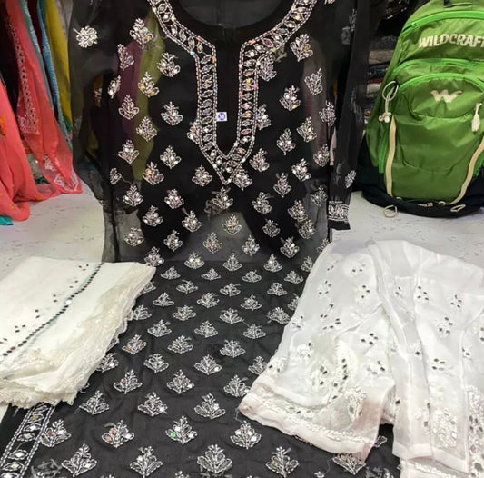 Black lucknowi mirror work kurti with lining