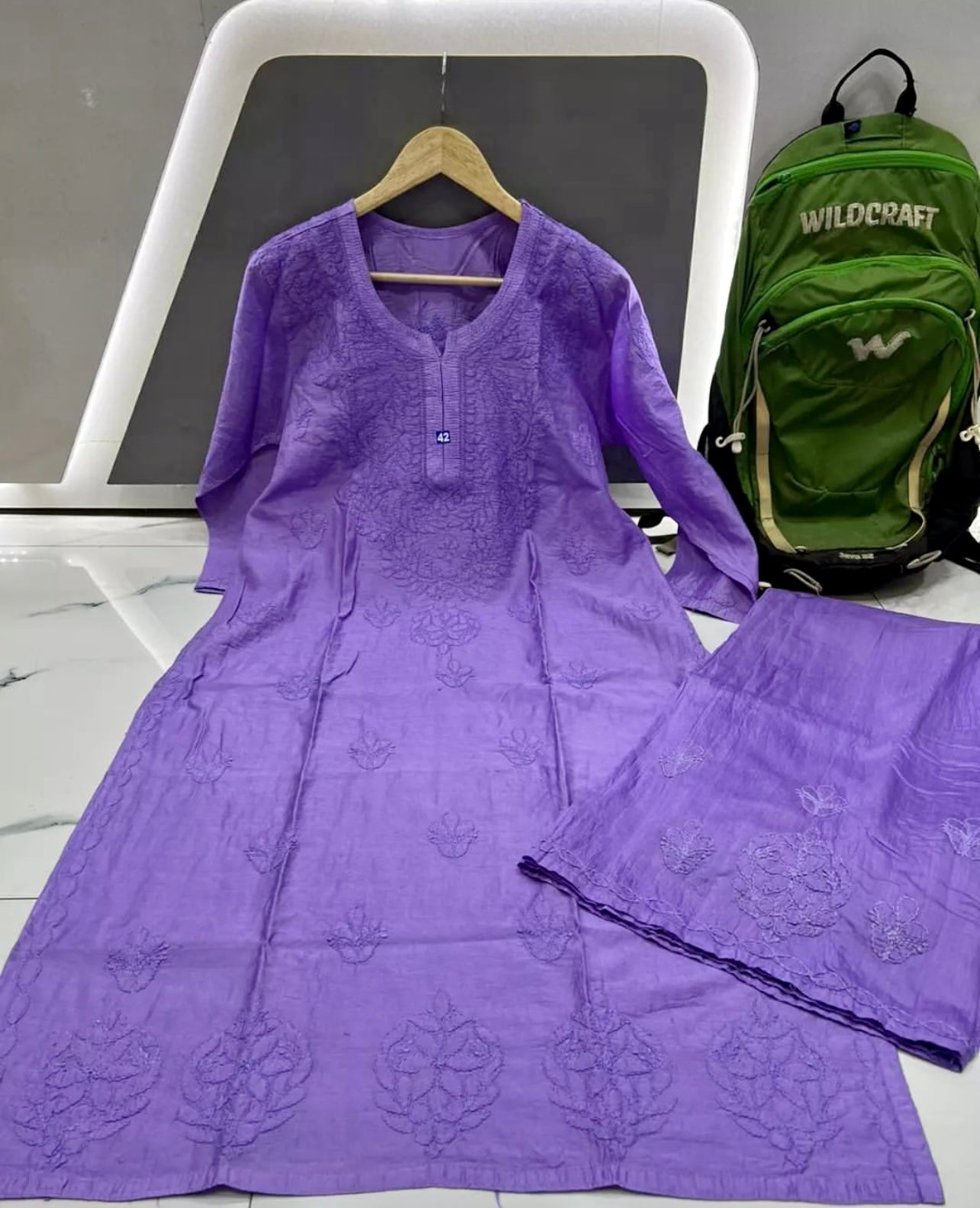 Purple Beautiful Lucknowi work Chanderi Kurta Palazzo set