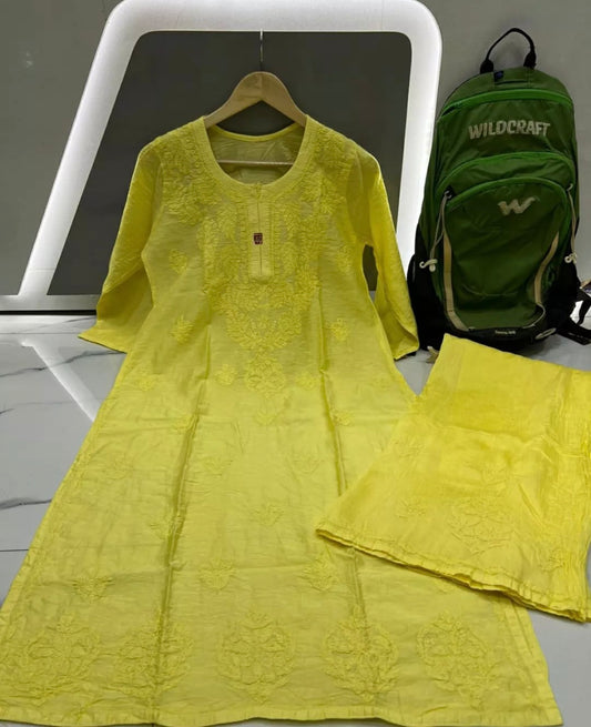 Lemon Yellow Beautiful Lucknowi work Chanderi Kurta Palazzo set