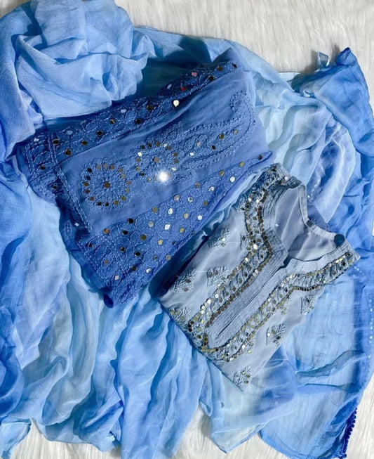 Lucknowi Blue Mirror work Kurta set
