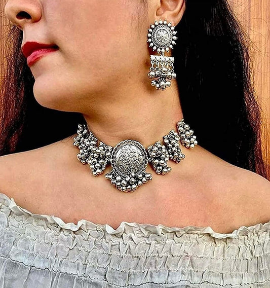 Oxidized Silver brass afghani necklace choker jewellery set