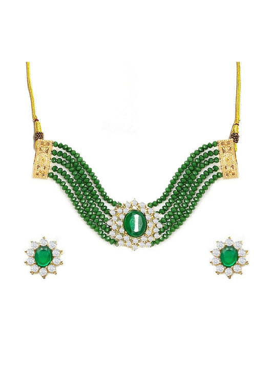 Green beads and American diamond choker set with earrings