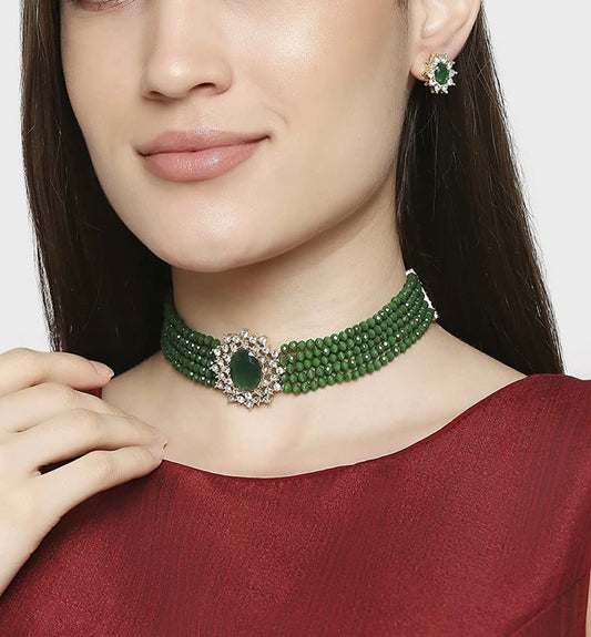 Green beads and American diamond choker set with earrings