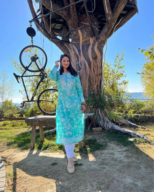 Aqua Blue Lucknowi Soft Mul Kurti