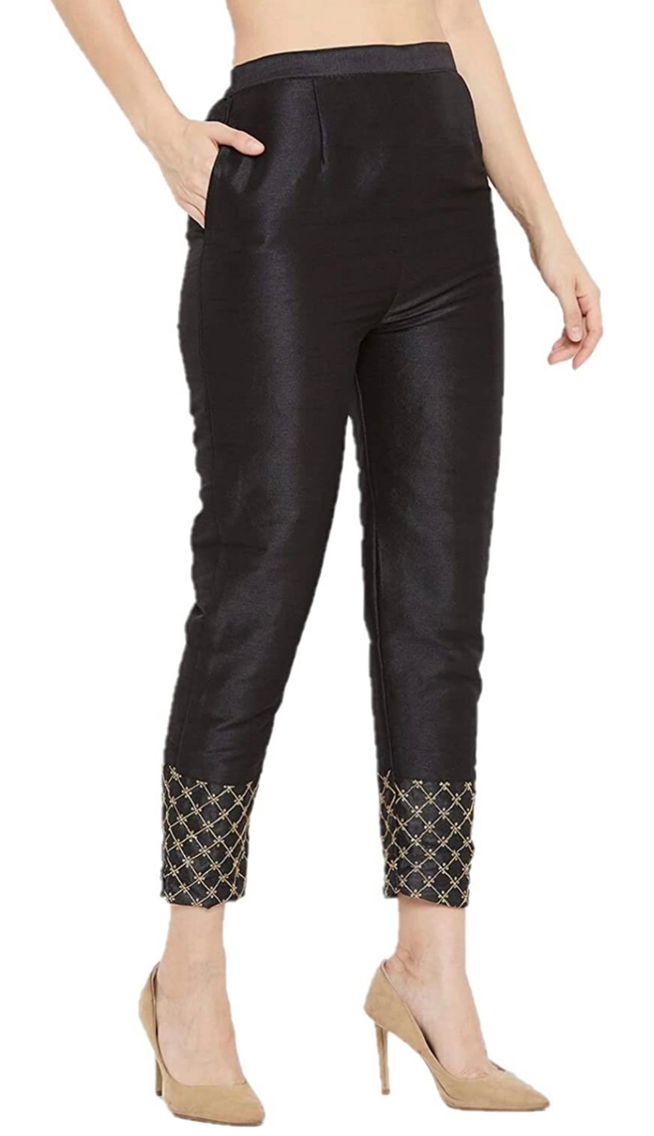 INDYA Women Gold Solid Cigarette Trousers - Absolutely Desi