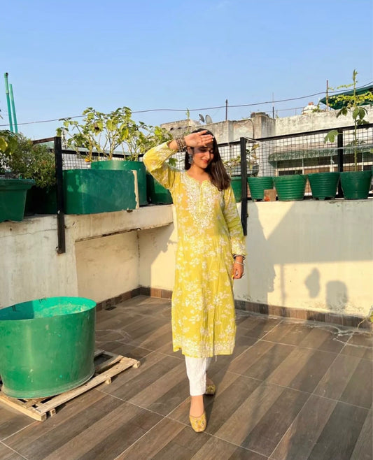 Yellow Lucknowi Soft Mul Kurti