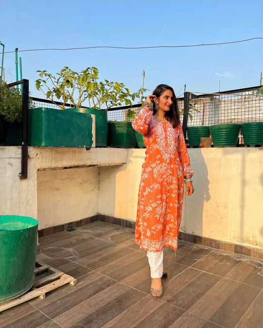 Orange Lucknowi Soft Floral mul Kurti