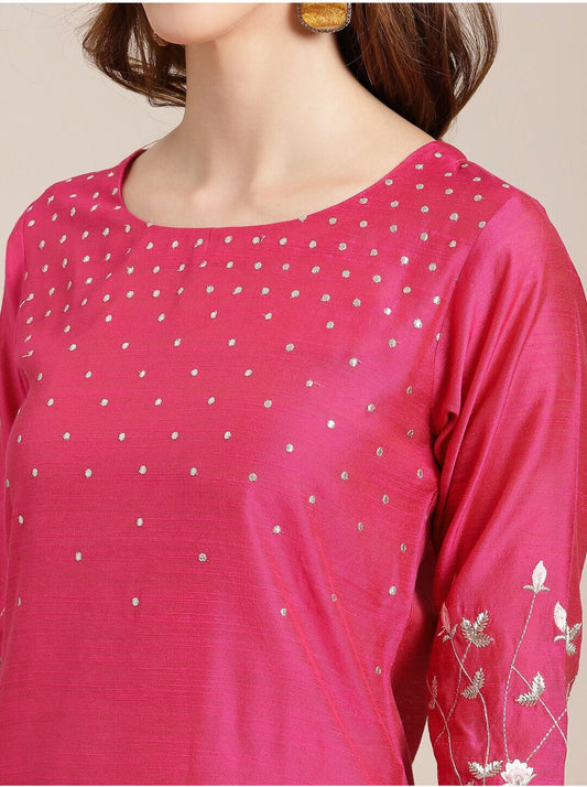 Hot Pink Chanderi Silk Embroidered Silk kurta set